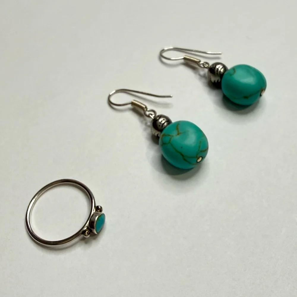 RALPH LAUREN 925 SILVER EARRINGS WITH RL BEADS/TURQUOISE STONE + PINKY RING 925 - Picture 2 of 10
